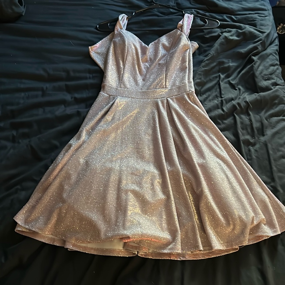 LA SCALA Pink Glitter Off-Shoulder Flare Dress